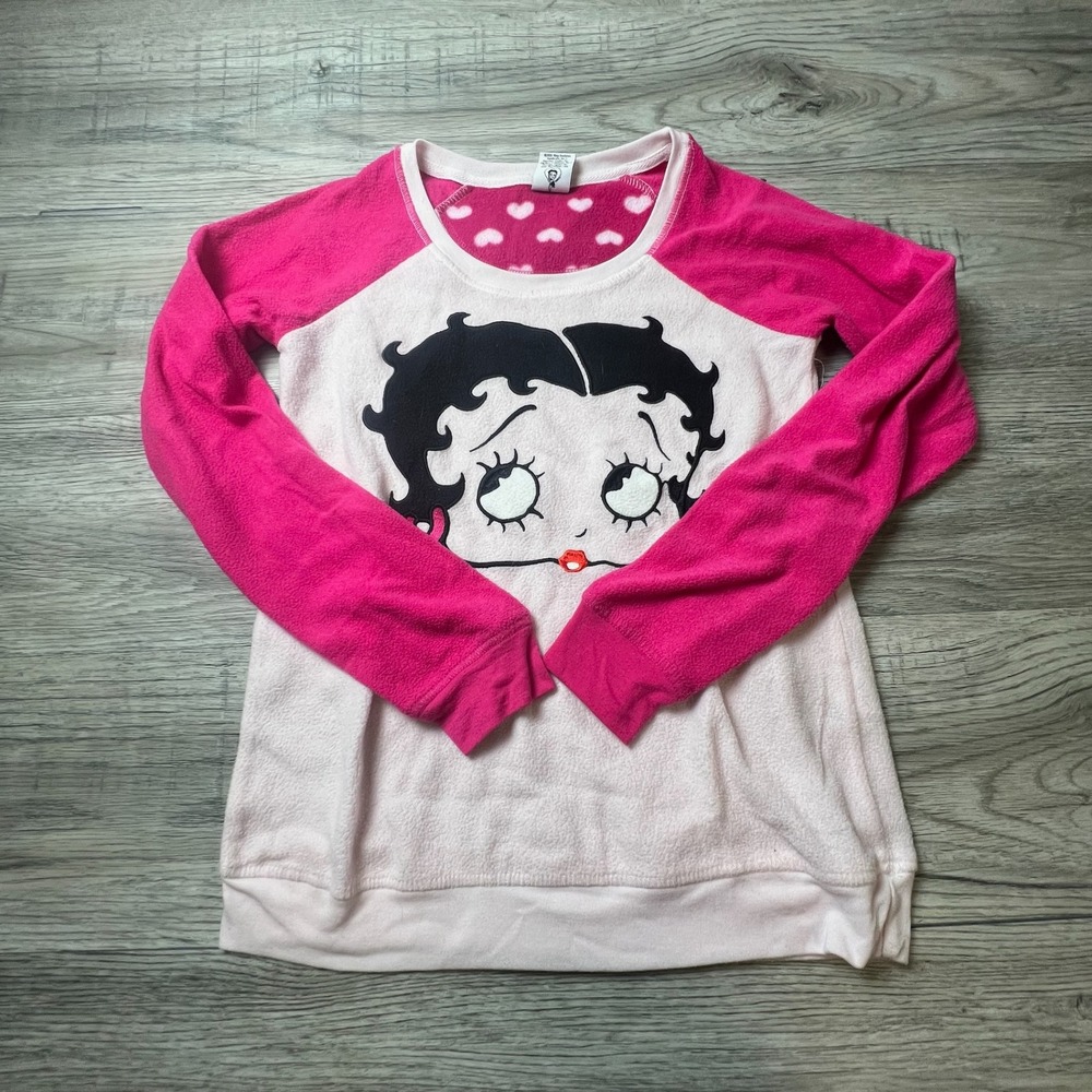 Betty Boop Pajama Top Womens M Pink Fleece Raglan Graphic Sleepwear Loungewear